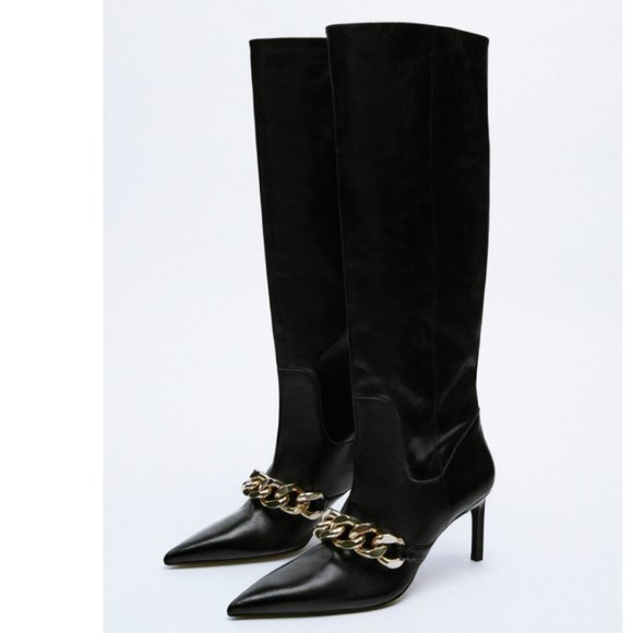 ZARA 100% LEATHER KNEE HIGH HEELED BOOTS WITH GOLD CHAIN DETAIL